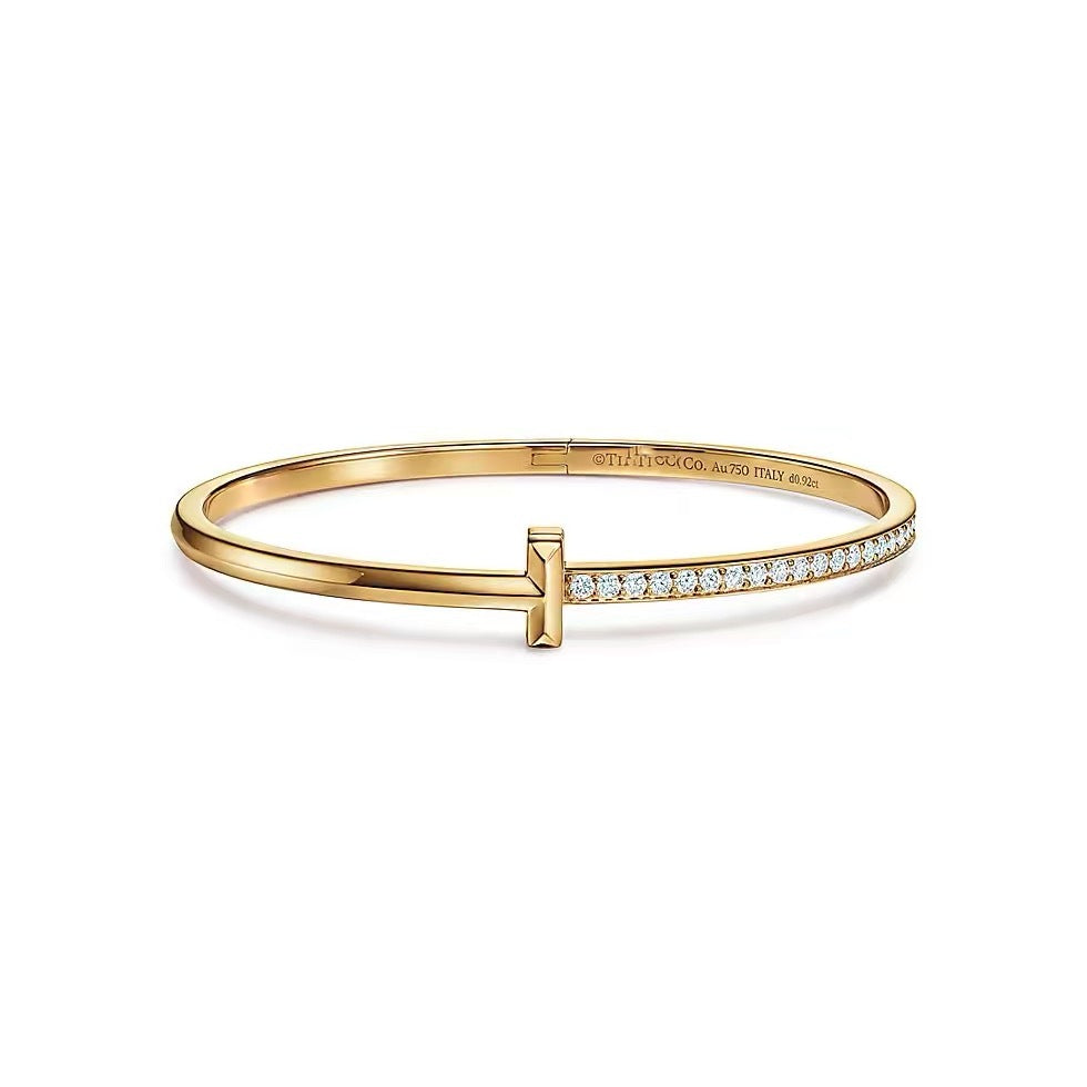 Tiffany Style T Motif Cubic Zirconia 18K Gold-Plated Bangle detail view 7