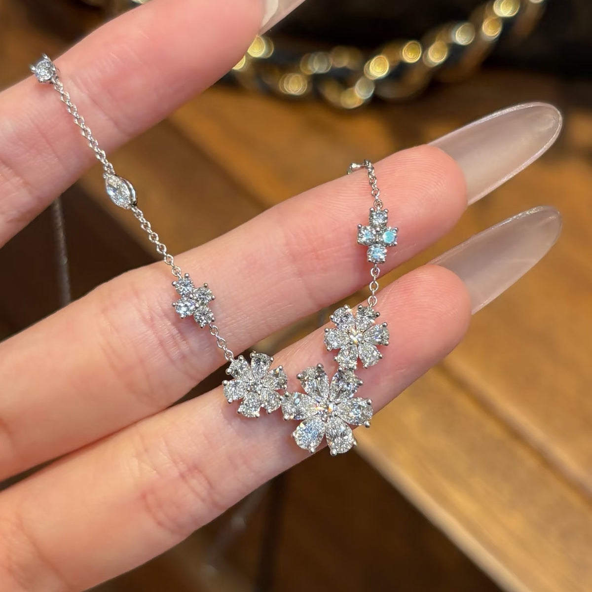 Harry Winston Style Forget-Me-Not Floral Cubic Zirconia Necklace detail view 1