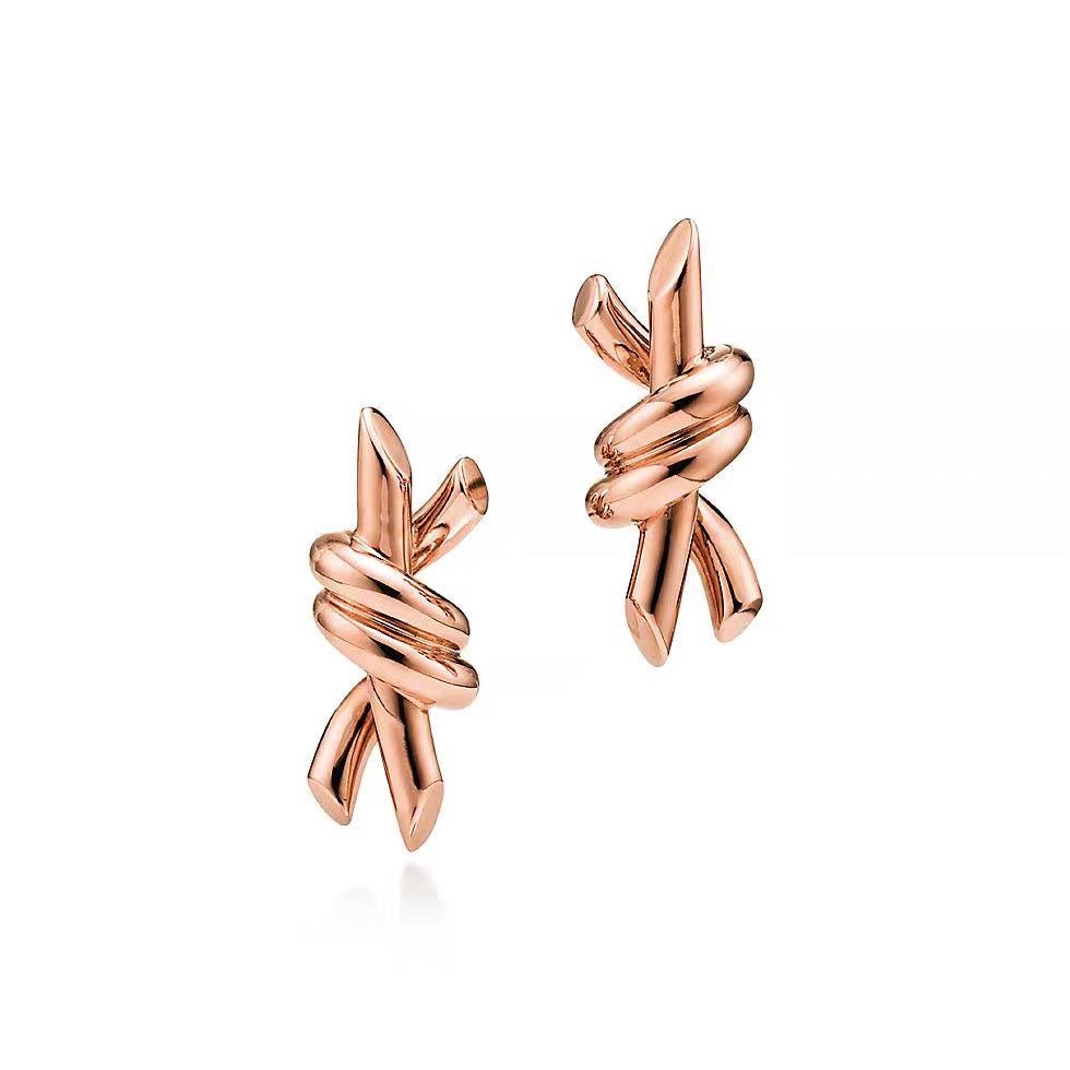 Tiffany Style Knot Cubic Zirconia 18K Gold-Plated Earrings - Small Polished Rose Gold Tone