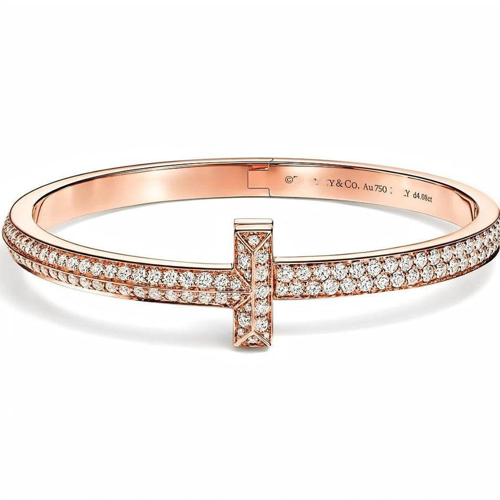 Tiffany Style T Motif Cubic Zirconia 18K Gold-Plated Bangle detail view 2