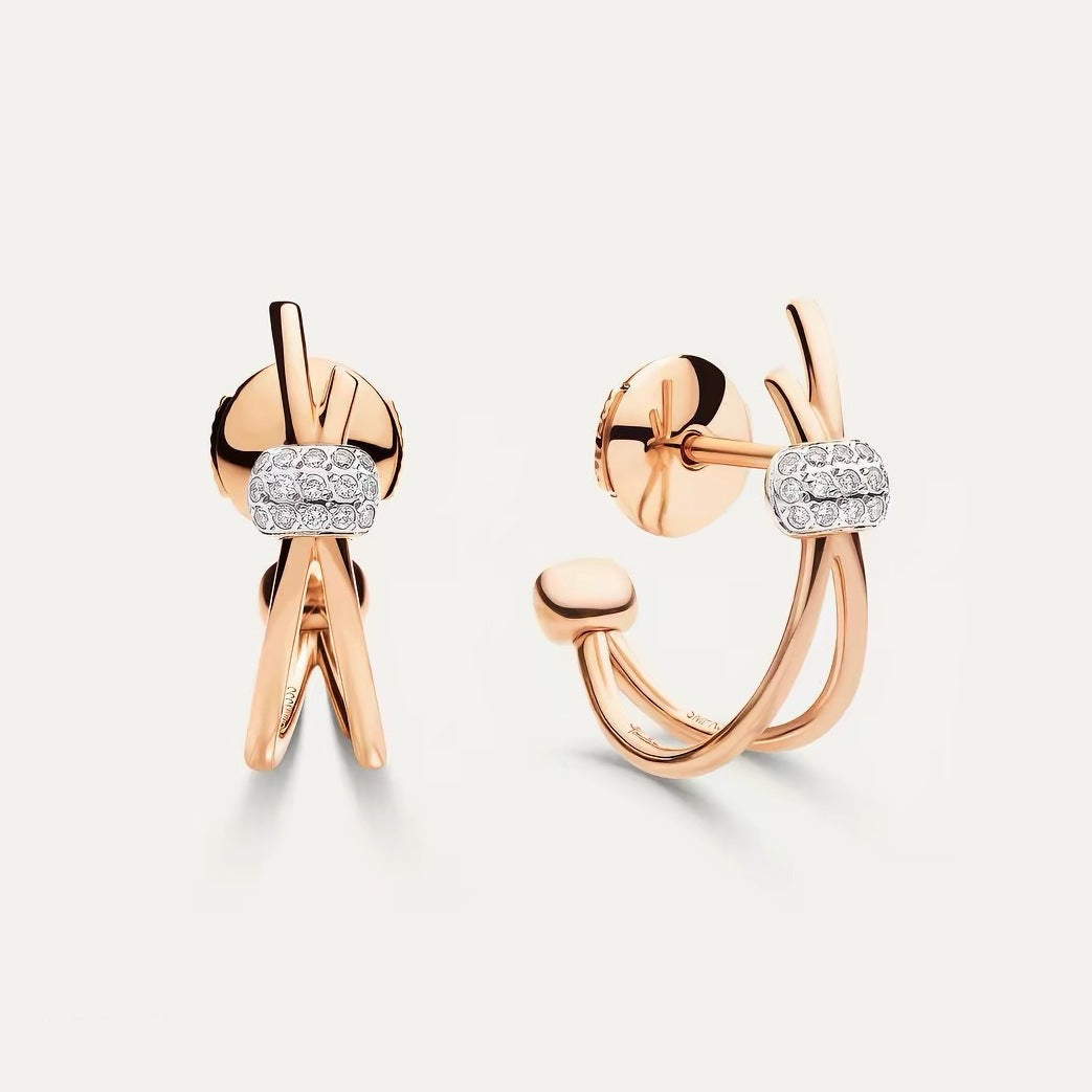 Pomellato Style Classic Cubic Zirconia 18K Gold-Plated Earrings - Crossover Stud Earrings Pavé Two-Tone