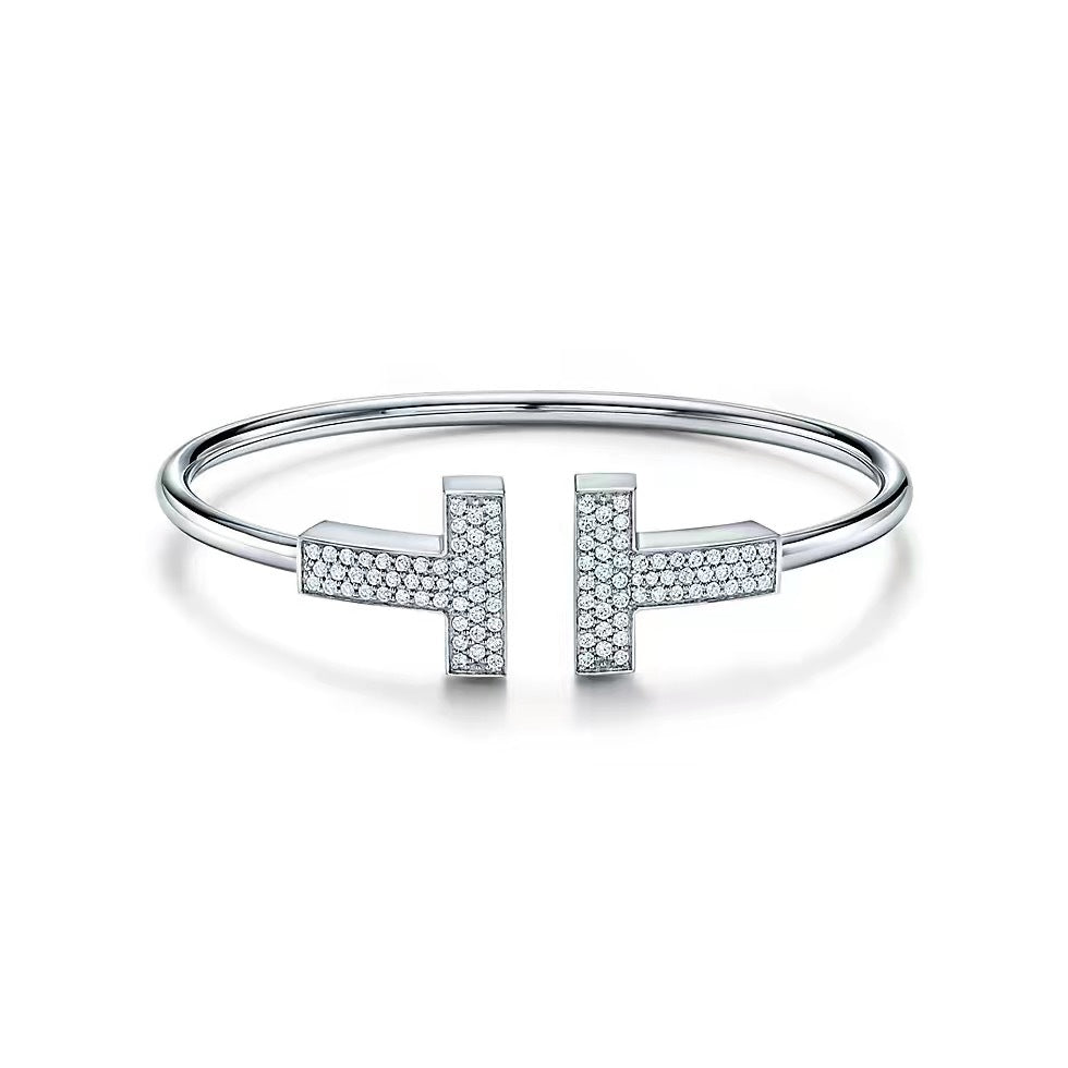 Tiffany Style T Motif Cubic Zirconia Bangle detail view 16