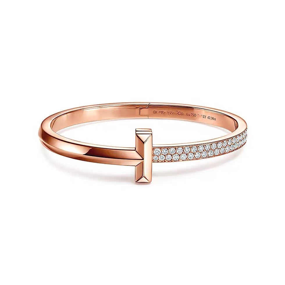 Tiffany Style T Motif Cubic Zirconia 18K Gold-Plated Bangle detail view 3
