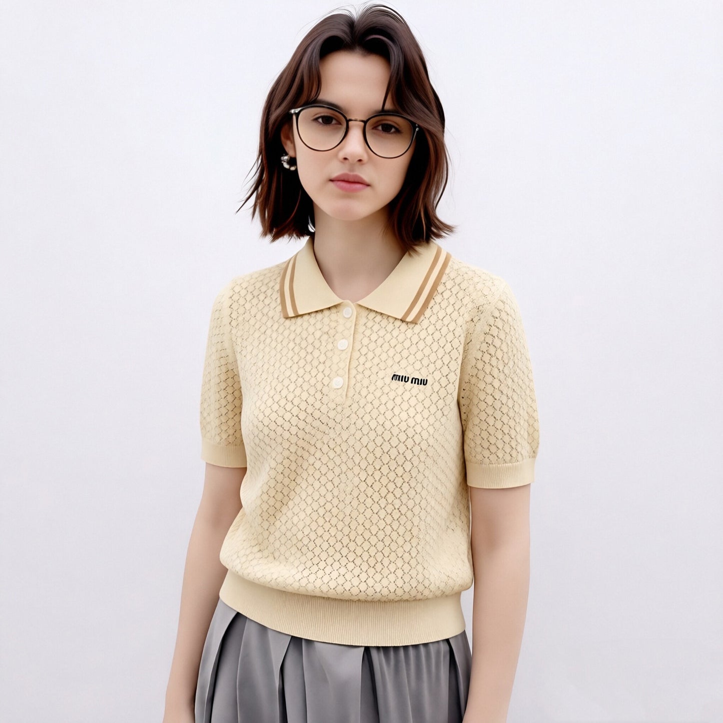 Hollow-Out Knit Polo Top — Short Sleeve