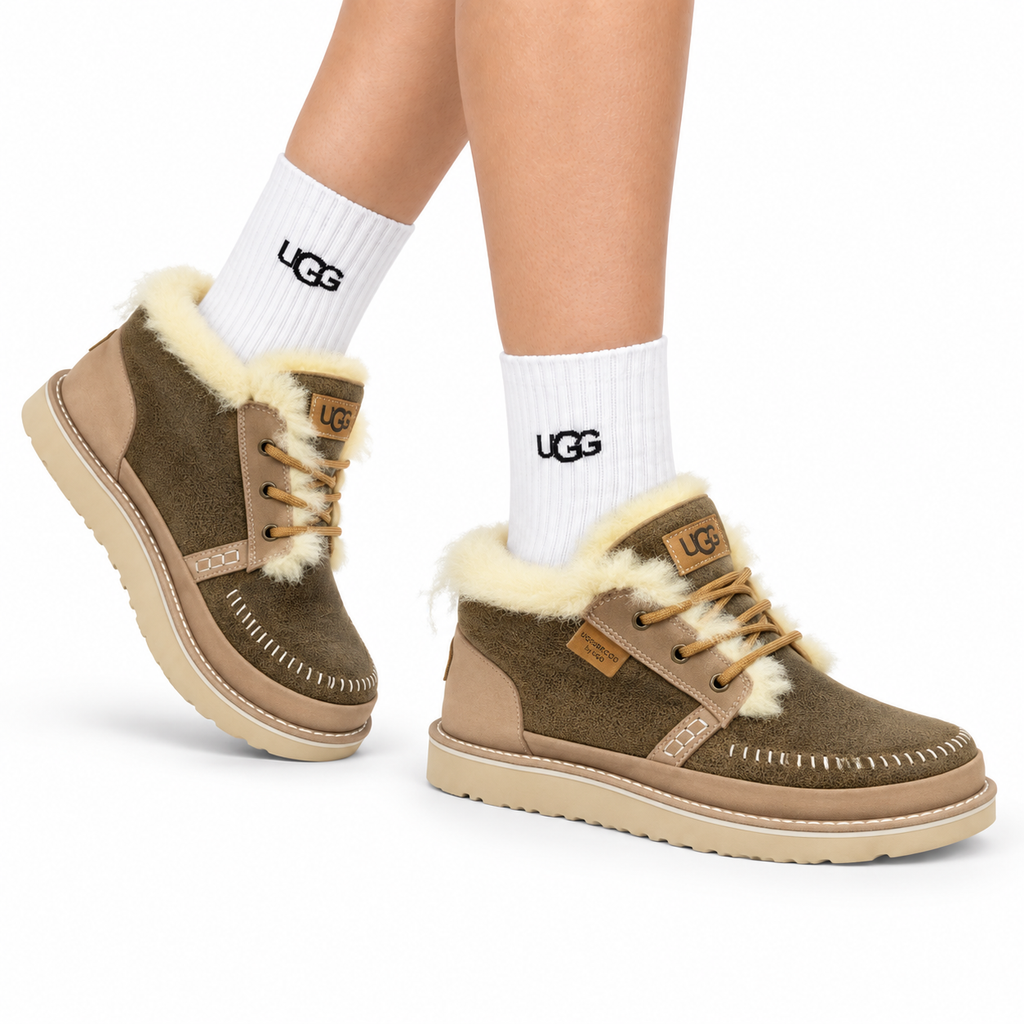 UGG Taupe Shearling-Collar Leather Boots - side-angle hero view