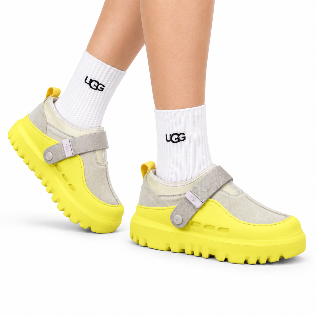 UGG Gray Neon-Yellow Strap Platform Shoes - side-angle hero view
