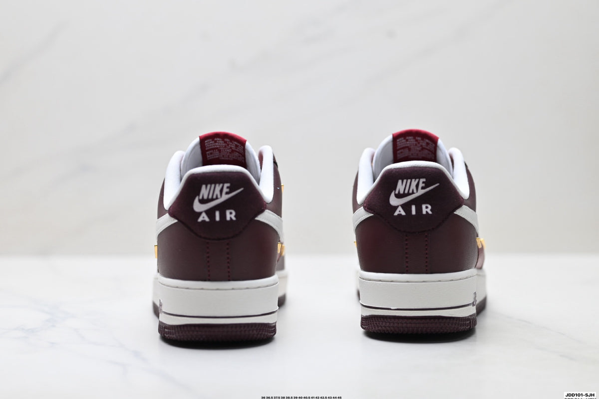 Nike Air Force 1 Low Burgundy White Gold Unisex Sneakers Style 02 detail view 7