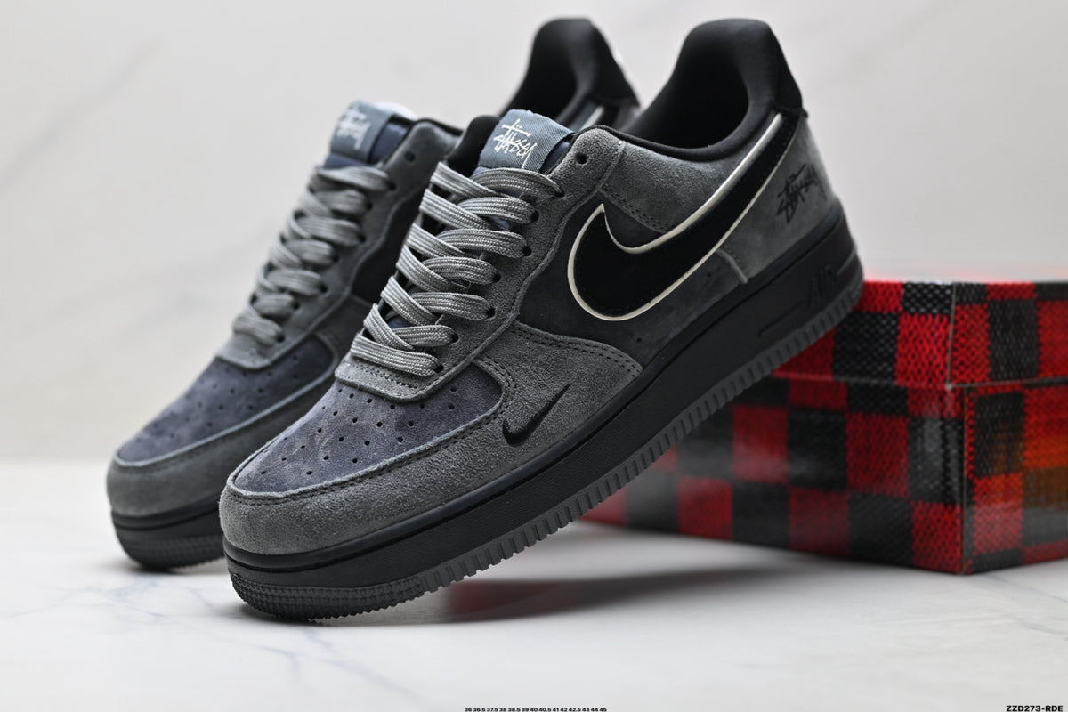 Nike Air Force 1 Low Charcoal Black Unisex Sneakers Style 08 main angled pair with shoebox