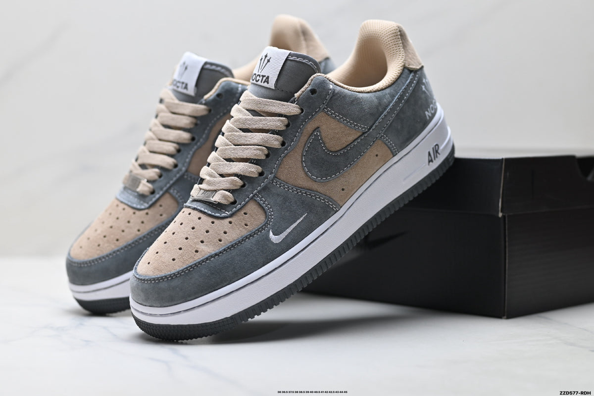 Nike Air Force 1 Low Gray Beige Unisex Sneakers Style 09 main angled pair with shoebox