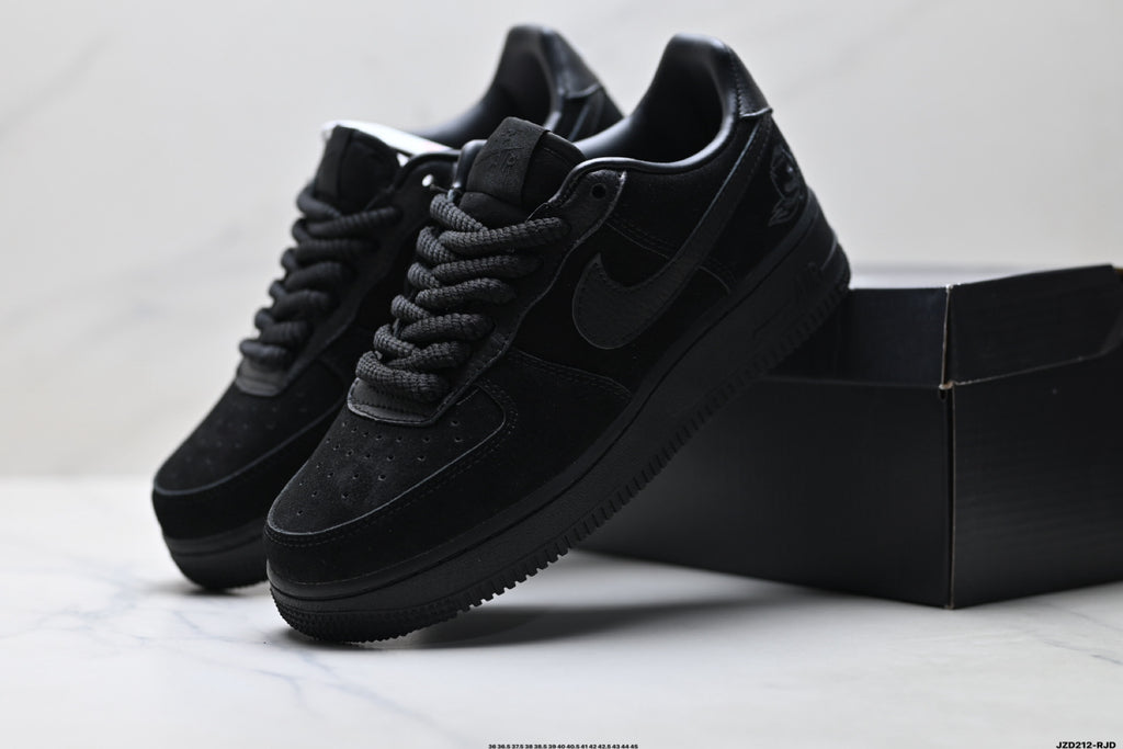 Nike Air Force 1 Low Triple Black Unisex Sneakers Style 15 main angled pair with shoebox