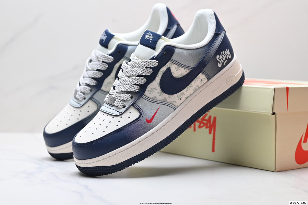 Nike Air Force 1 Low White Navy Blue Unisex Sneakers Style 10 main angled pair view