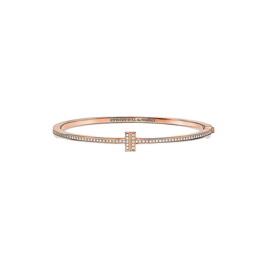Tiffany Style T Motif Cubic Zirconia 18K Gold-Plated Bangle front product view