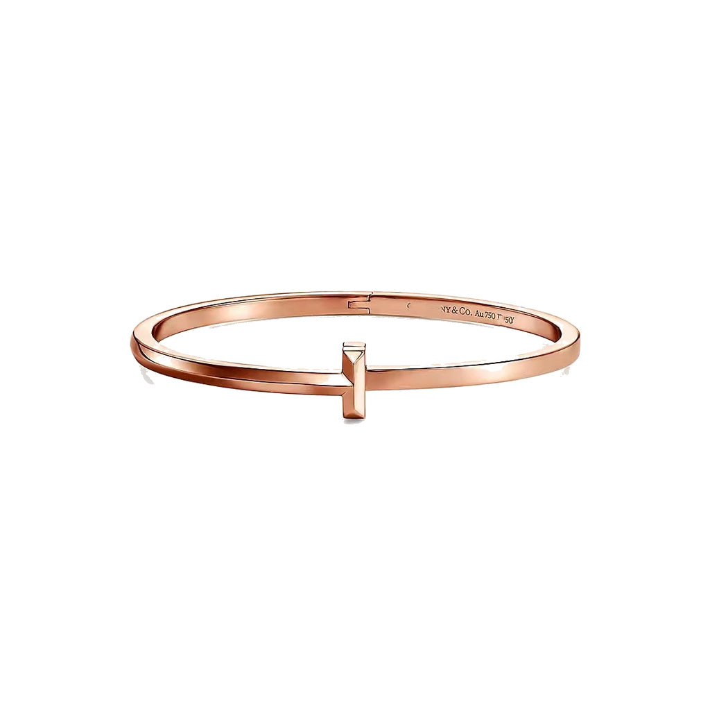 Tiffany Style T Motif Cubic Zirconia 18K Gold-Plated Bangle front product view