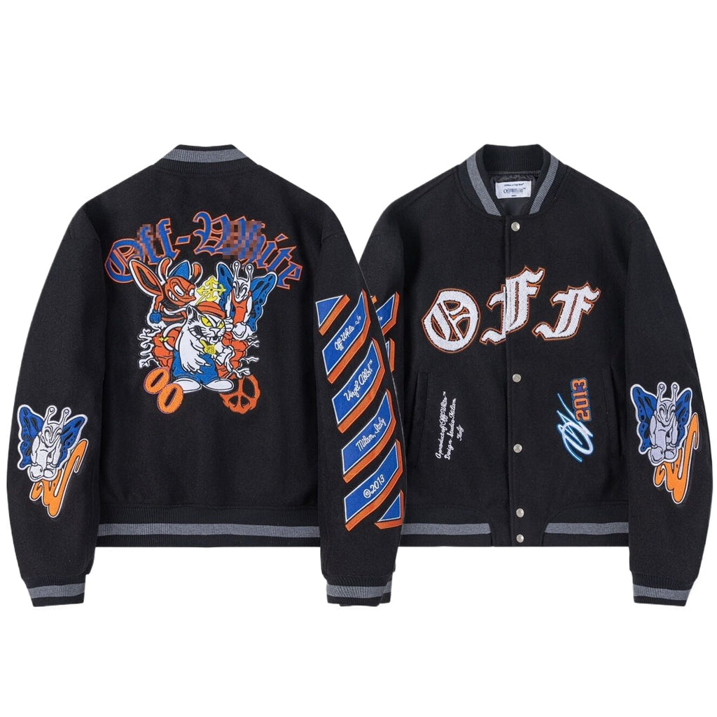 Off-White Black Orange Blue Graphic Varsity Jacket for Men